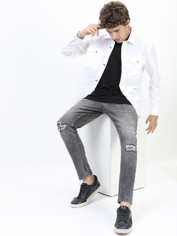 LOCOMOTIVE Men Grey Slim Tapered Fit Mildly Distressed Heavy Fade Stretchable Jeans