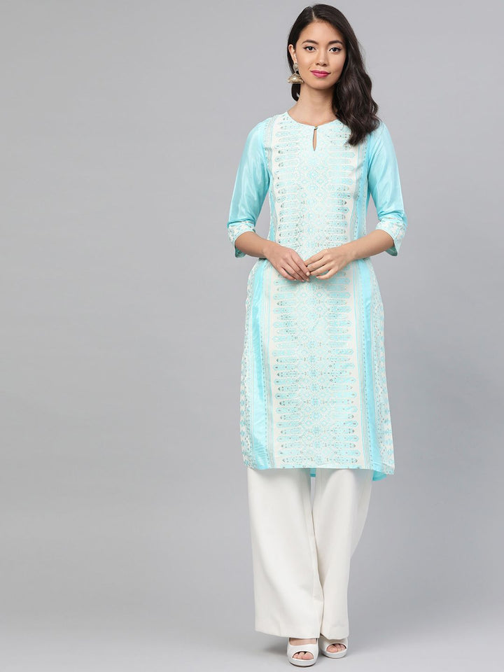 W Women Blue & Off-White Printed Straight Kurta