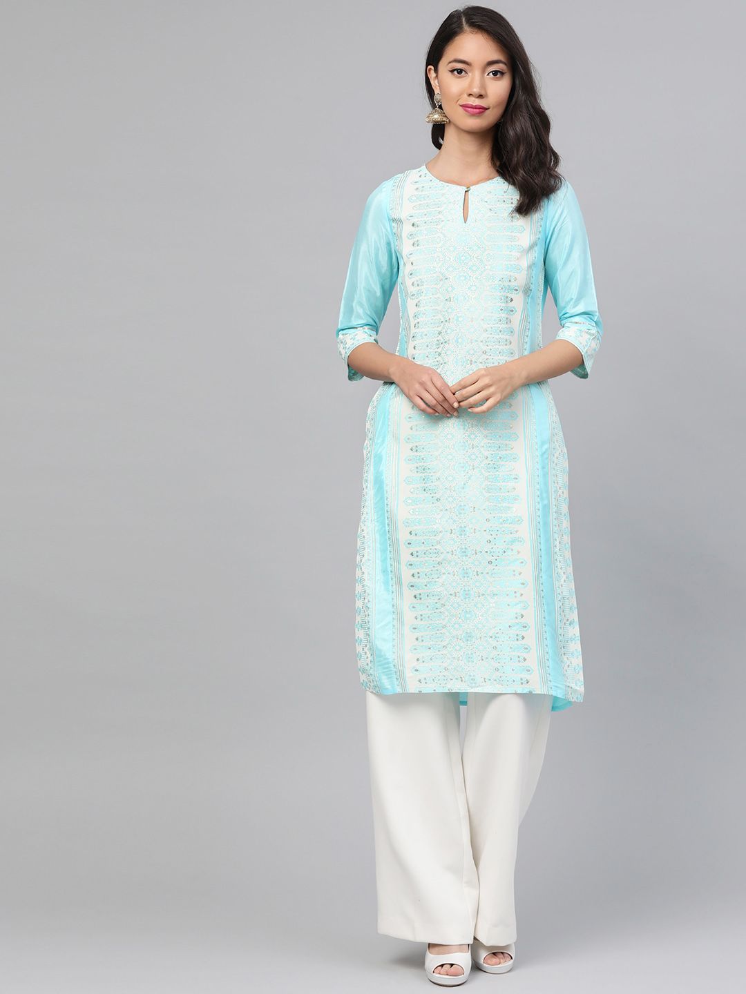 W Women Blue & Off-White Printed Straight Kurta