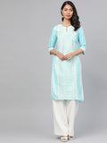 W Women Blue & Off-White Printed Straight Kurta