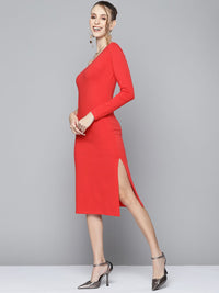 SASSAFRAS Women Red Solid One Shoulder Sheath Midi Dress