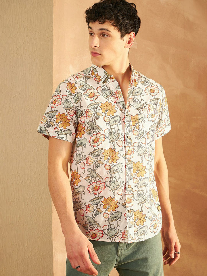 DENNISON Smart Oversized Floral Printed Spread Collar Cotton Lightweight Shirt