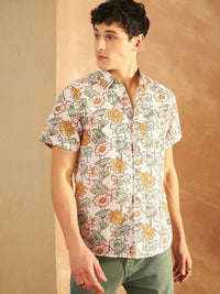 DENNISON Smart Oversized Floral Printed Spread Collar Cotton Lightweight Shirt
