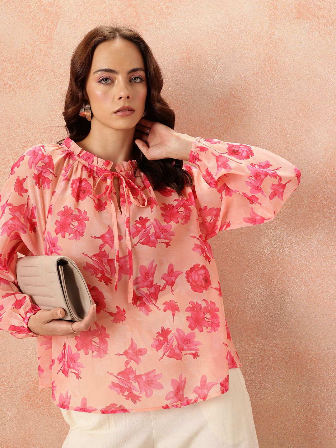 all about you Floral Print Tie-Up Neck Puff Sleeve Top