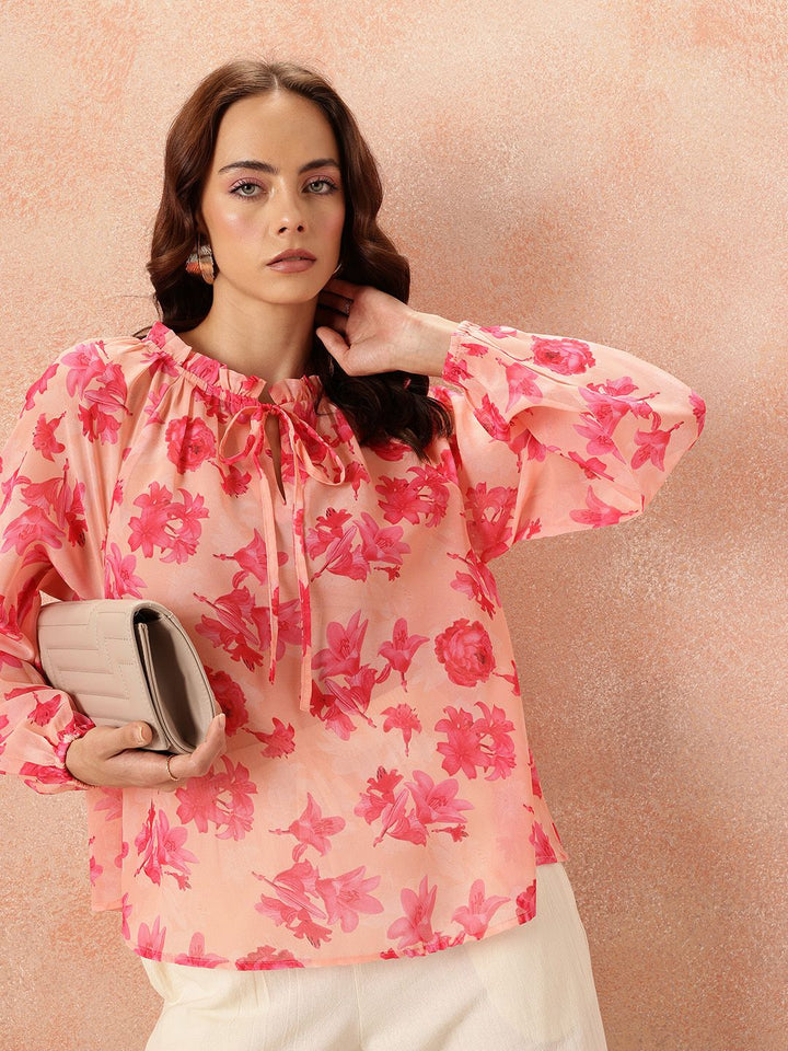 all about you Floral Print Tie-Up Neck Puff Sleeve Top