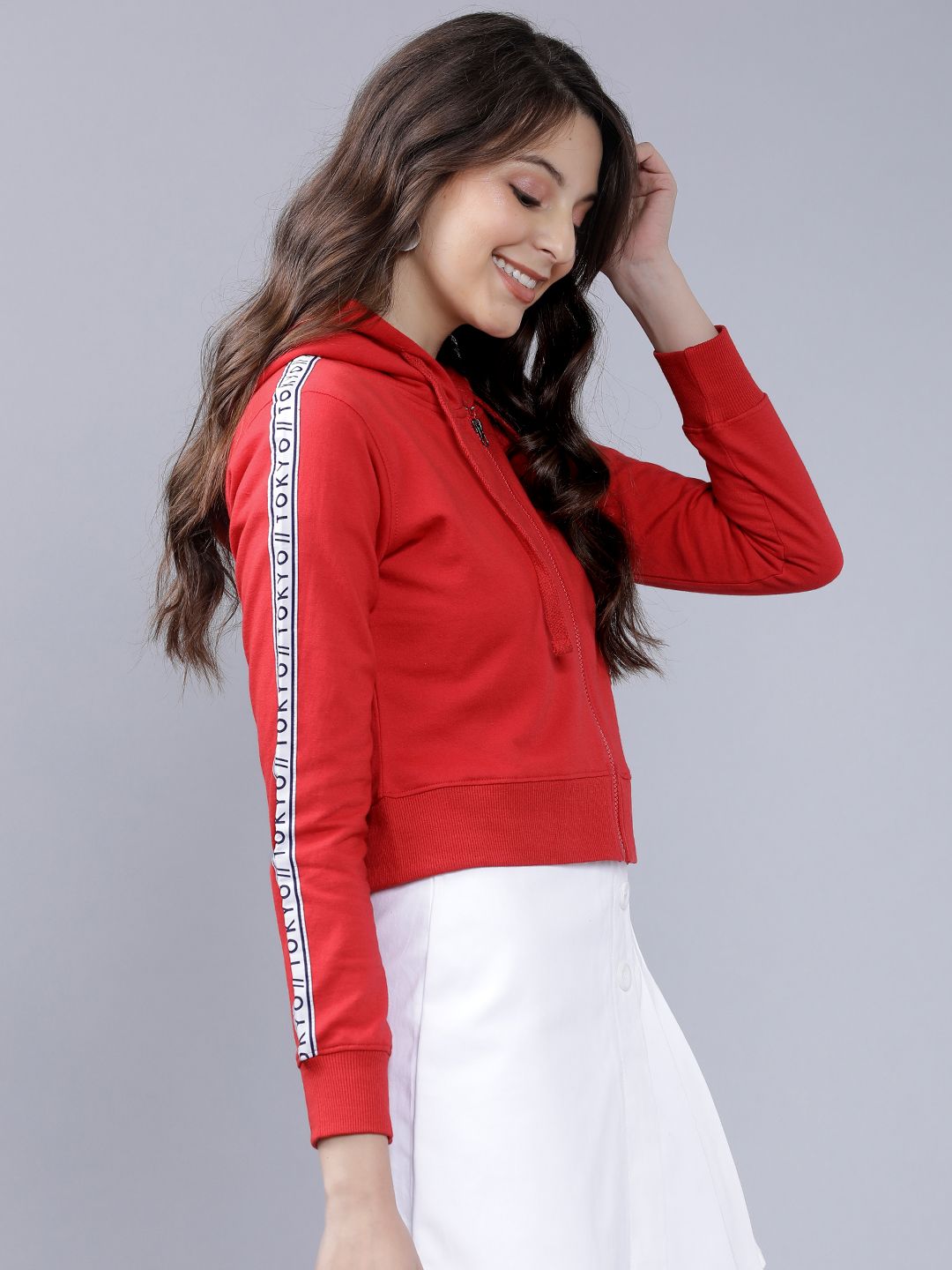 Tokyo Talkies Women Red Solid Hooded Sweatshirt