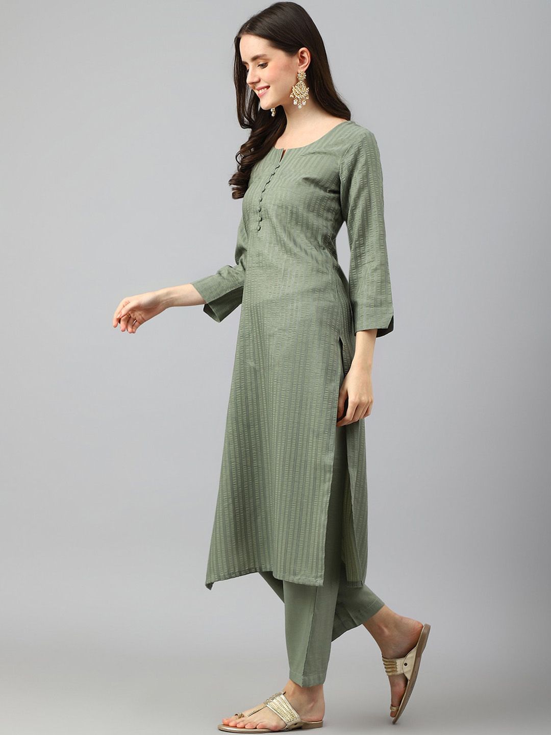 KALINI Striped Round Neck Kurta with Trousers