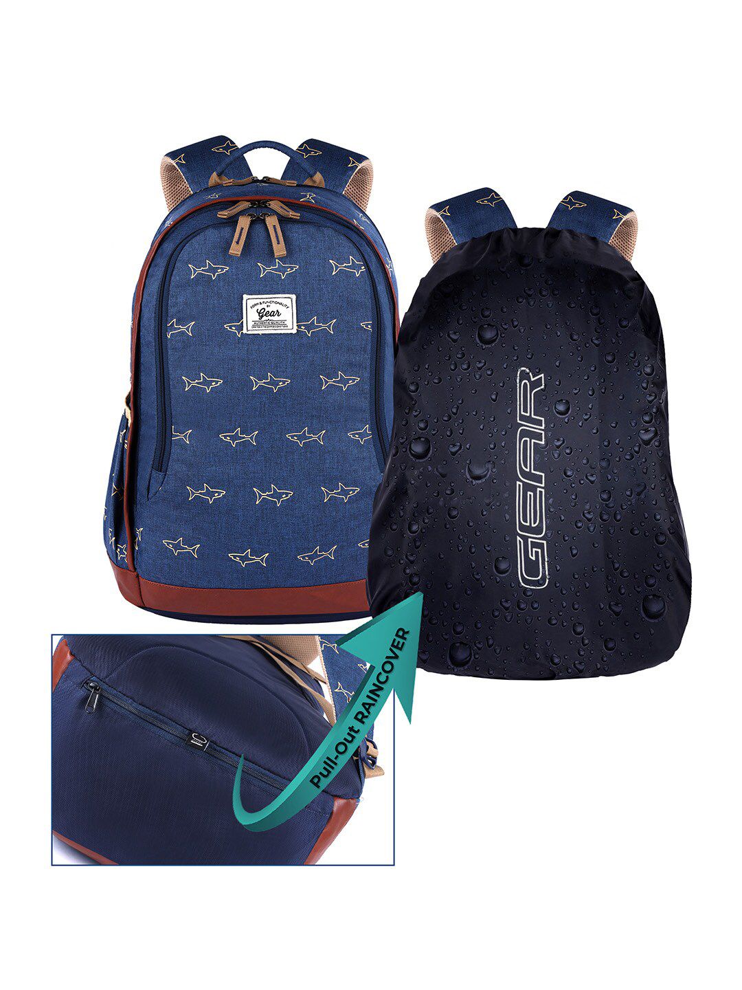Gear Unisex Blue & Beige Graphic Printed Backpack With Rain Cover