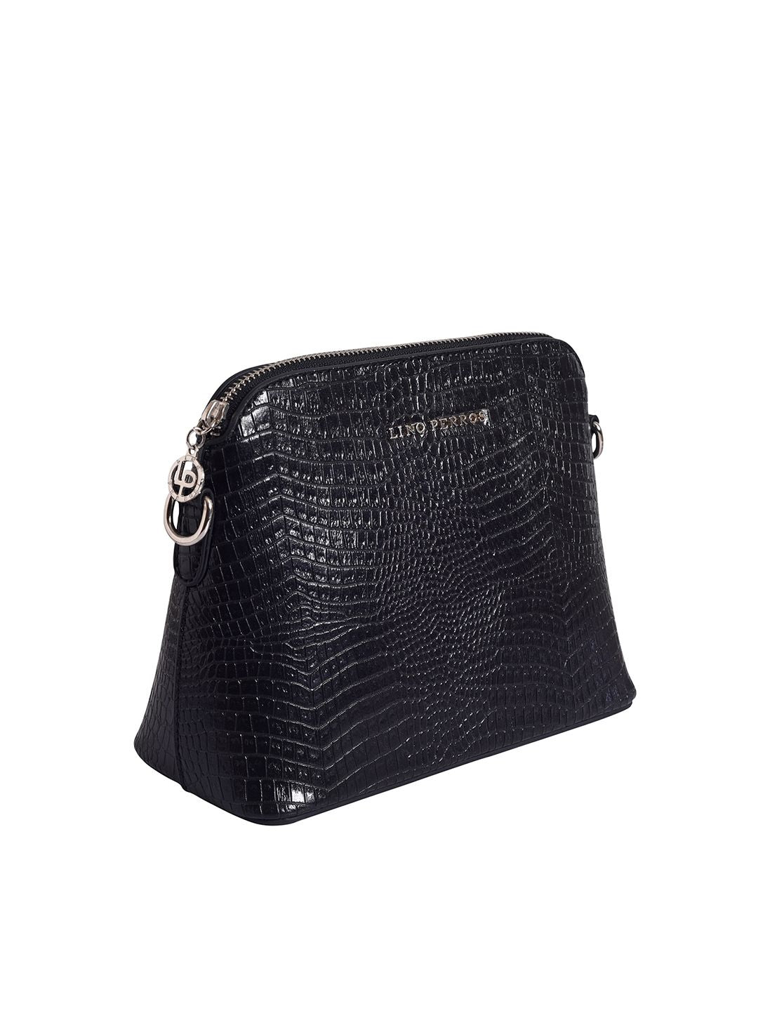 Lino Perros Women Black Croc-Textured Structured Sling Bag