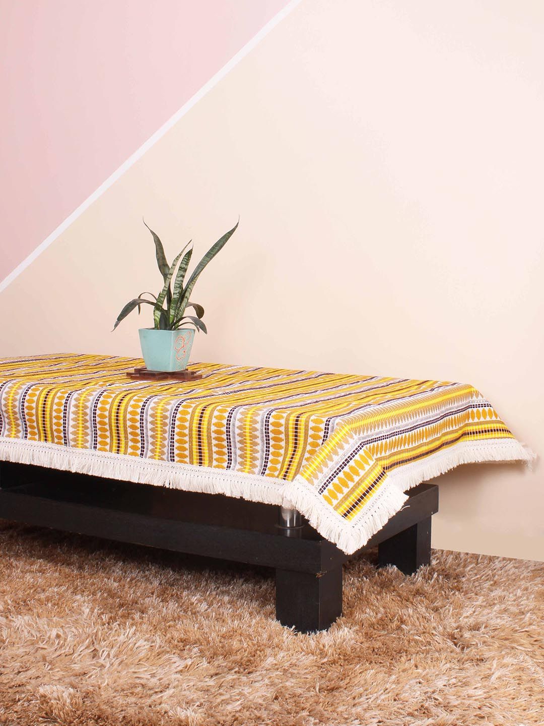 STITCHNEST Aztec Yellow & White 4-Seater Woven Table Cover With Lace  Border