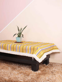 STITCHNEST Aztec Yellow & White 4-Seater Woven Table Cover With Lace  Border