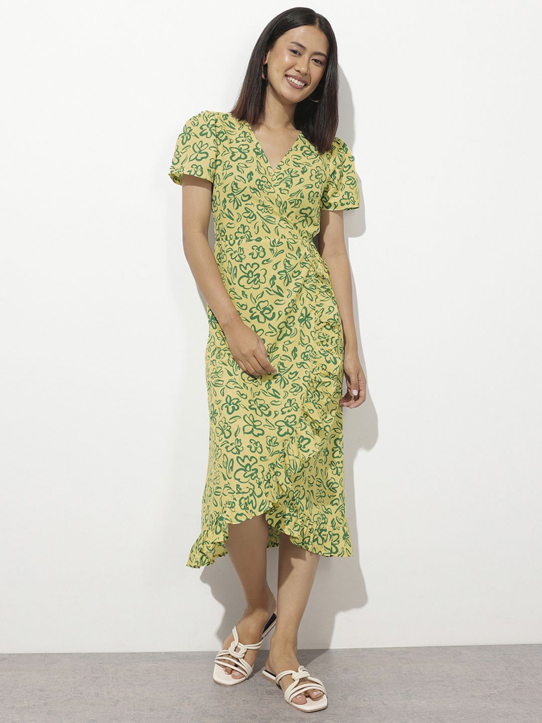DressBerry Fresh & Playful Floral Canvas Ruffle Wrap Midi Dress