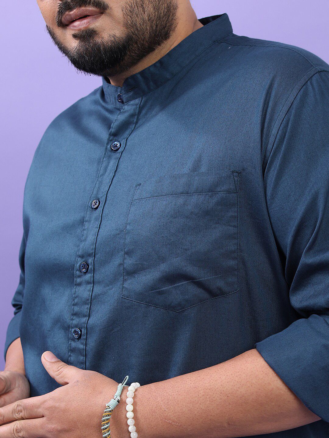 HIGHLANDER Plus Size Blue Band Collar Long Sleeves Cotton Casual Shirt