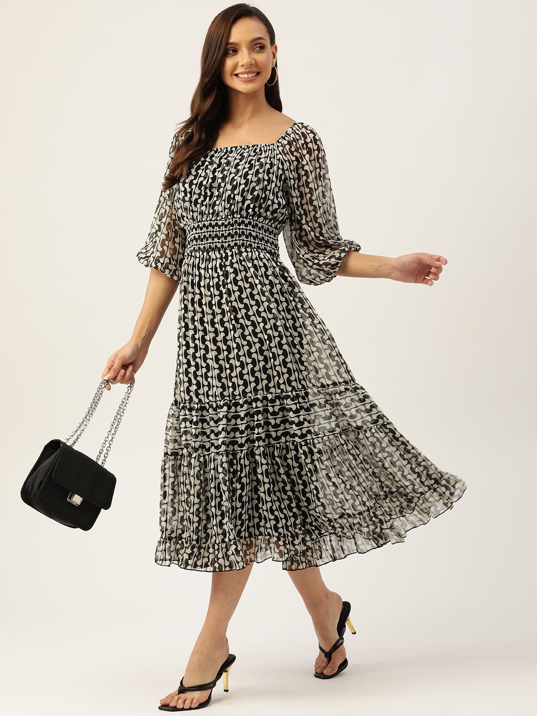 Antheaa Black & White Chiffon Printed Tiered Midi Dress