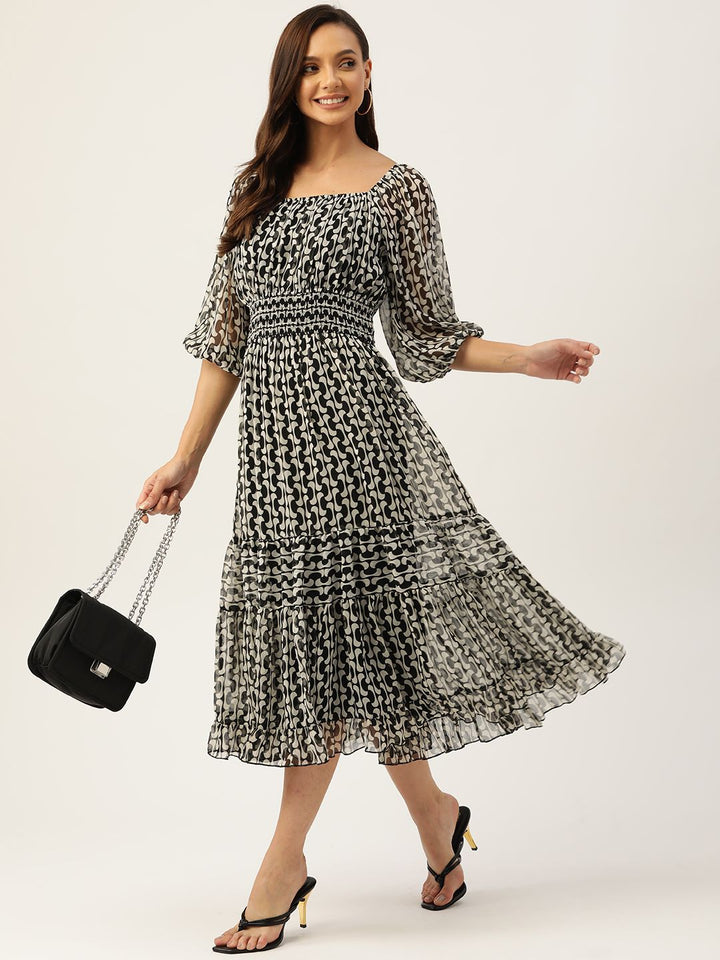 Antheaa Black & White Chiffon Printed Tiered Midi Dress