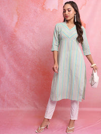 Vishudh Blue Striped V-Neck Tiga Lengan Lengan Kurta Kurta
