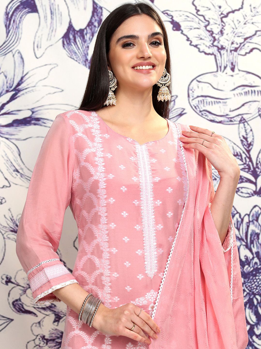Vishudh Ethnic Motifs Embroidered Straight Kurta & Trousers With Dupatta