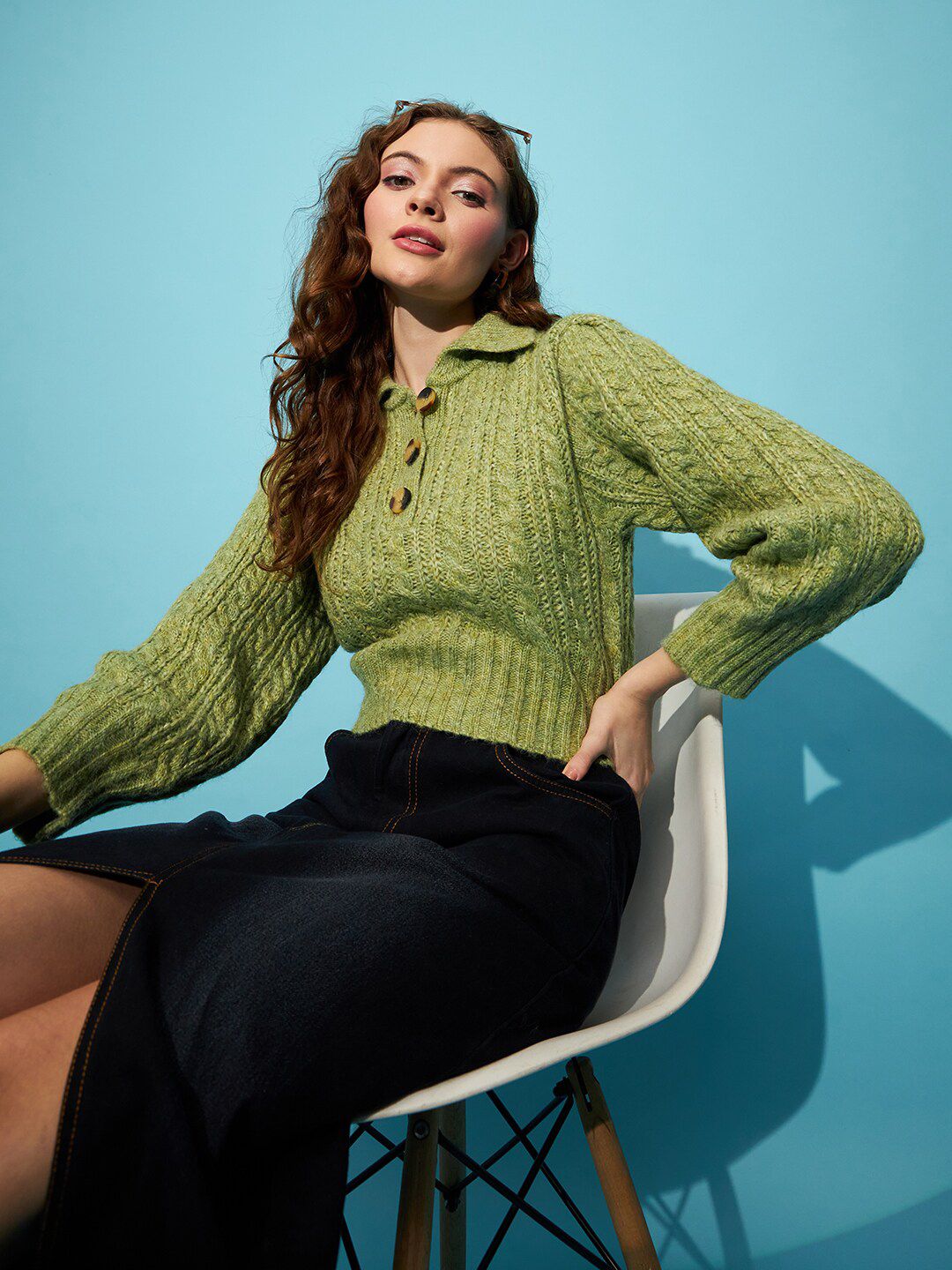 STREET 9 Green Cable Knit Spread Collar Acrylic Crop Pullover Sweater