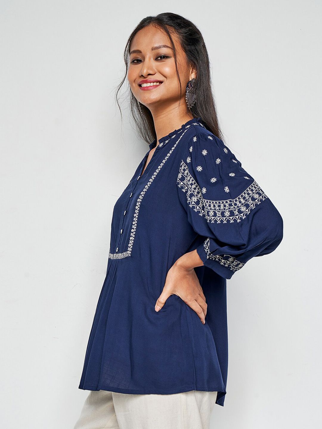 Global Desi Embroidered Mandarin Collar Long Cuffed Sleeves Top