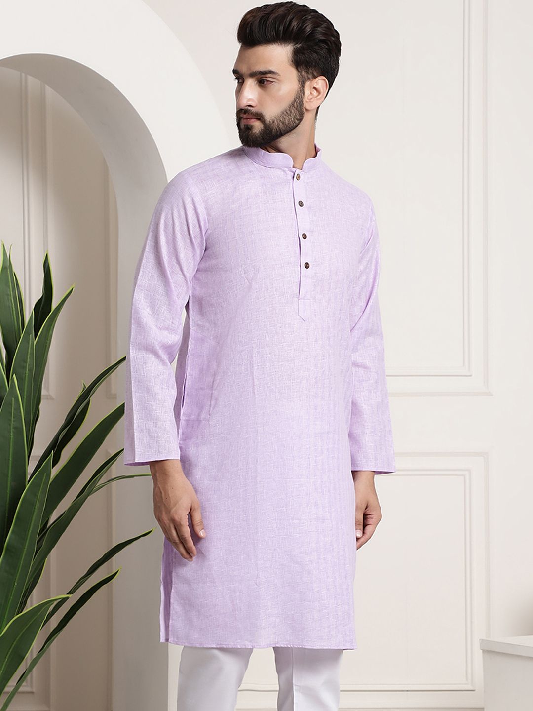 SOJANYA Men Purple Dobby Checked Straight Kurta