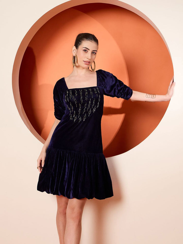 Antheaa Women Puff Sleeves Velvet Embellished A-Line Dress