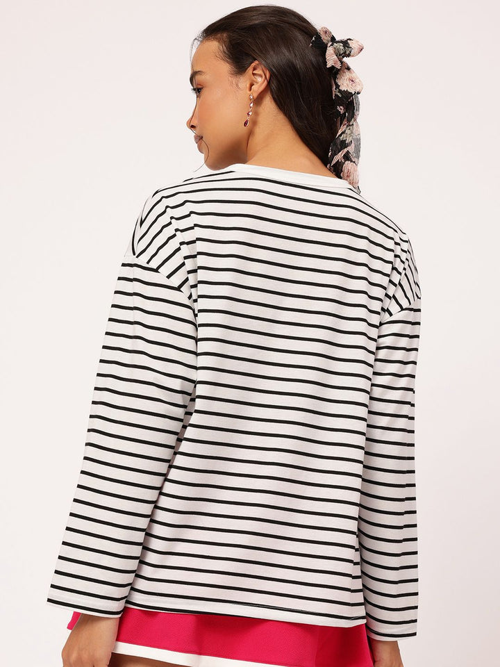 DressBerry Monochrome Whimsy Drop-Shoulder Sleeves Striped T-shirt