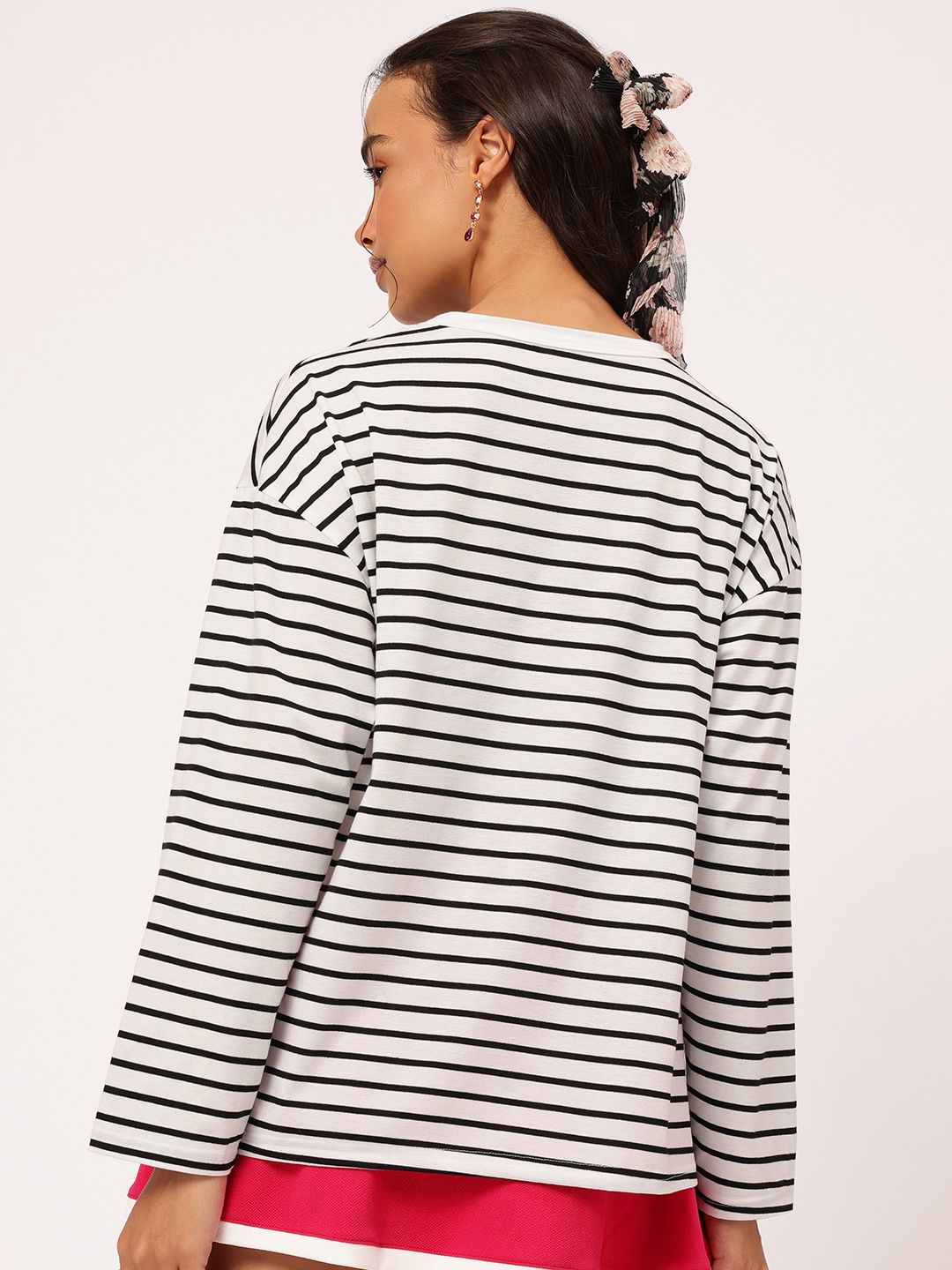 DressBerry Monochrome Whimsy Drop-Shoulder Sleeves Striped T-shirt