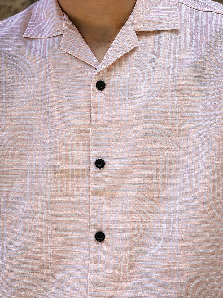 Eszett Abstract Printed Spread Collar Short Sleeves Regular Fit Cotton Linen Casual Shirt