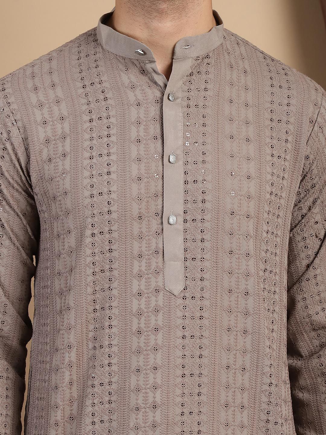 Anouk Floral Embroidered Thread Work Sequinned  Mandarin Collar Pure Cotton Straight Kurta