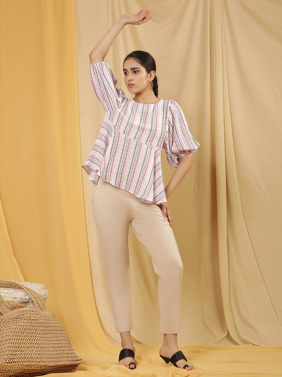 W Vertical Striped Puff Sleeves Cotton Peplum Top