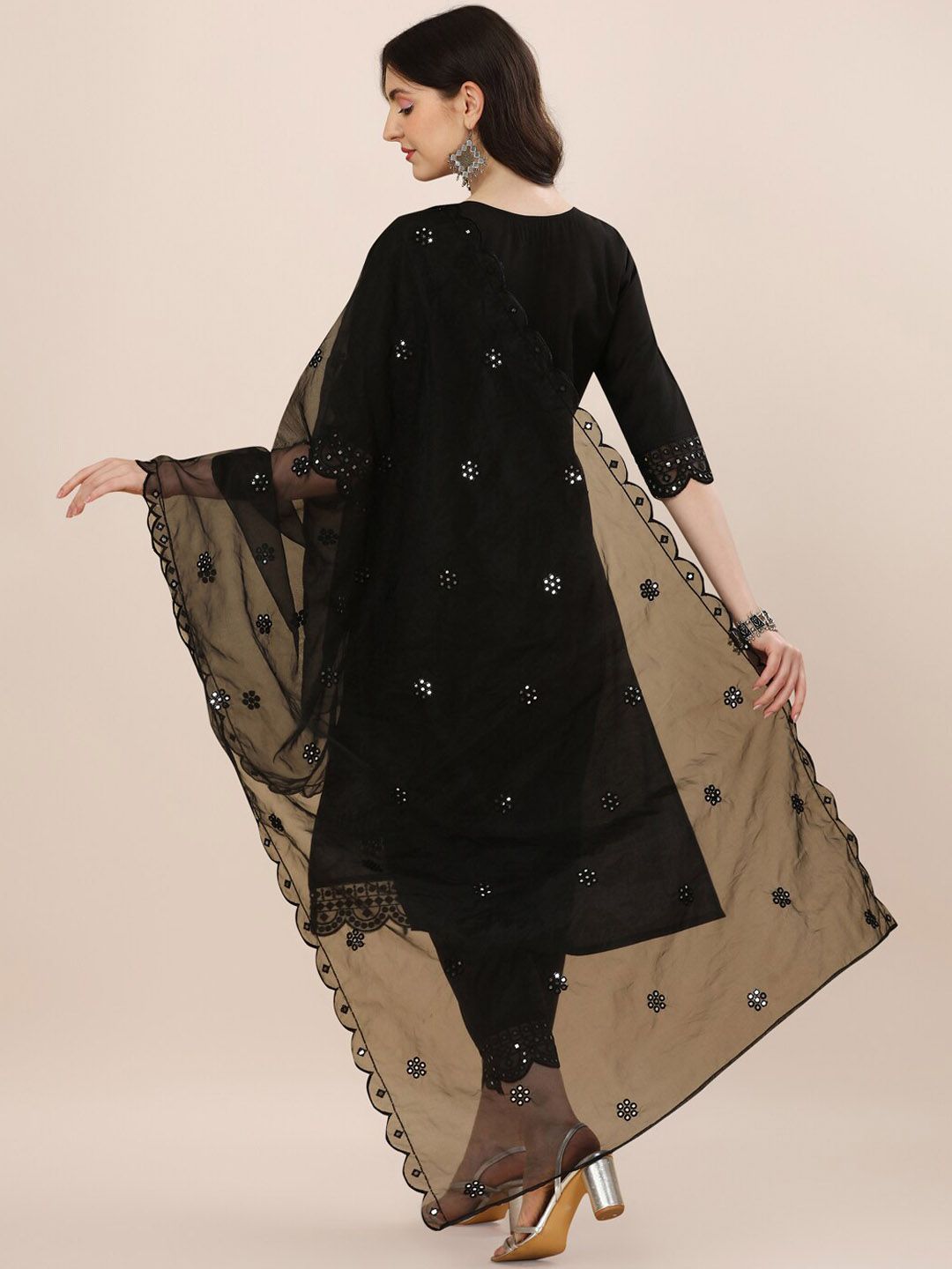 KALINI Embroidered Mirror Work Chanderi Cotton Kurta With Trousers & Dupatta