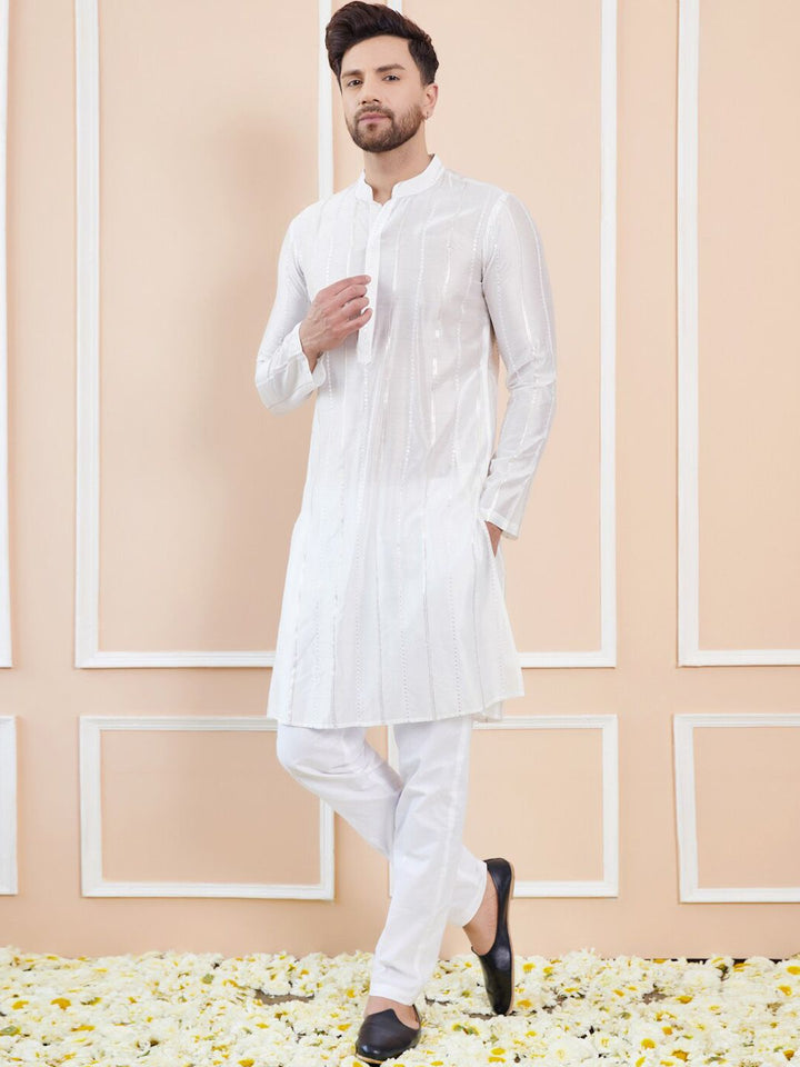 See Designs Striped Mandarin Collar Sequins Straight Kurta