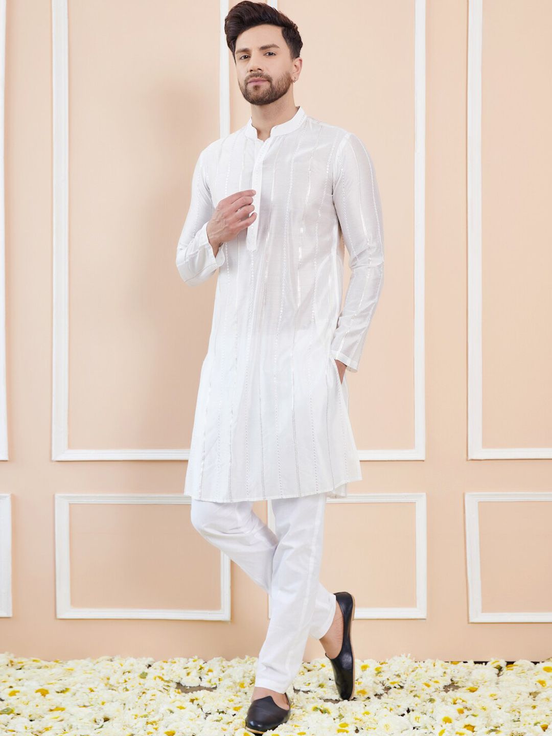 See Designs Striped Mandarin Collar Sequins Straight Kurta