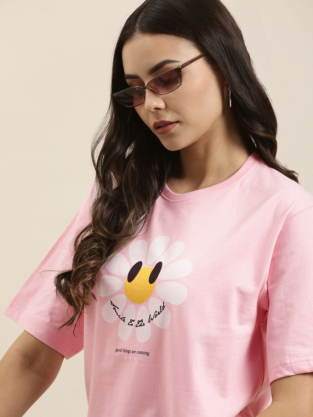 Difference of Opinion Women Pink Typography Printed Pure Cotton Oversized T-Shirt