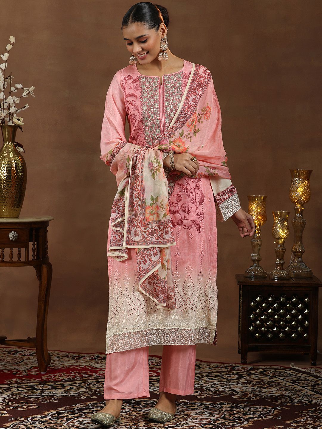 Libas Floral Embroidered Zari Schiffli Straight Kurta with Trousers & Dupatta