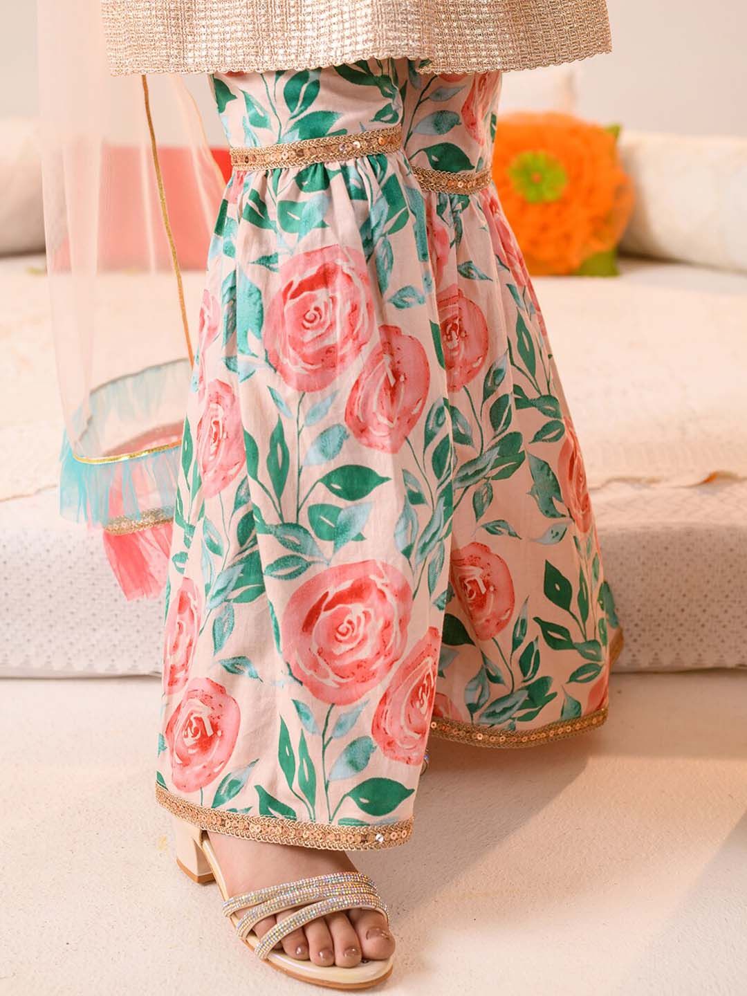 pspeaches Girls Floral Printed Regular Pure Cotton Kurta with Sharara & Dupatta