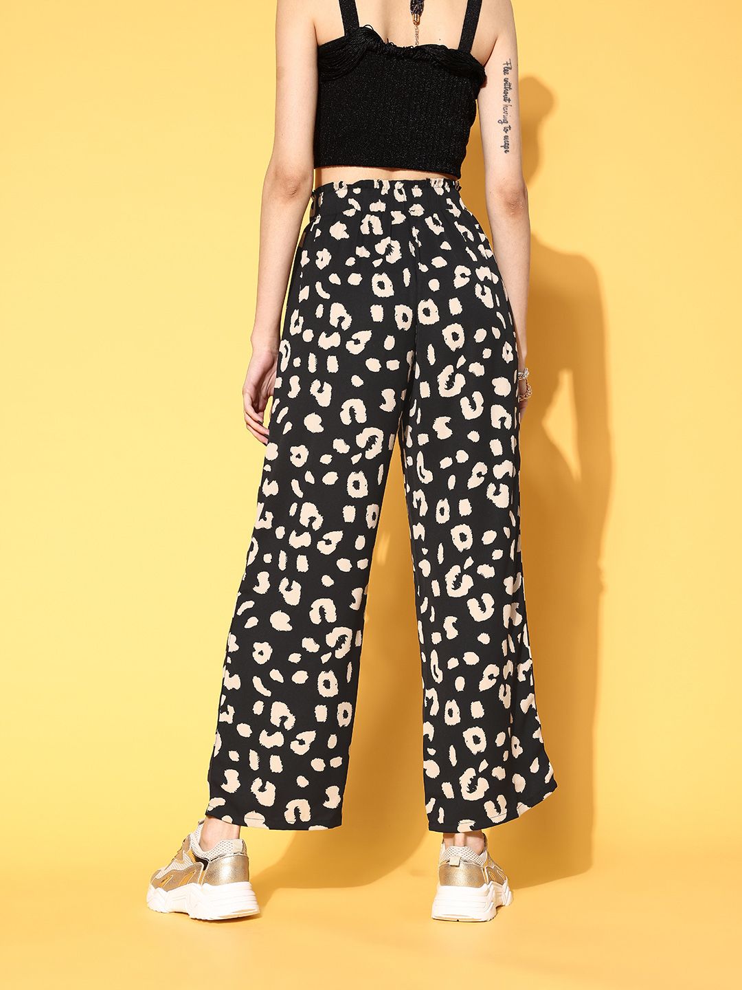 Berrylush Women Stylish Black Animal Printed Wide Leg Bottom Trousers
