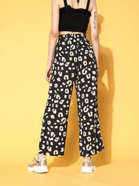 Berrylush Women Stylish Black Animal Printed Wide Leg Bottom Trousers