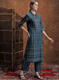 Vishudh Blue Ethnic Motifs Woven Design Mandarin Collar Straight Kurta With Trouser