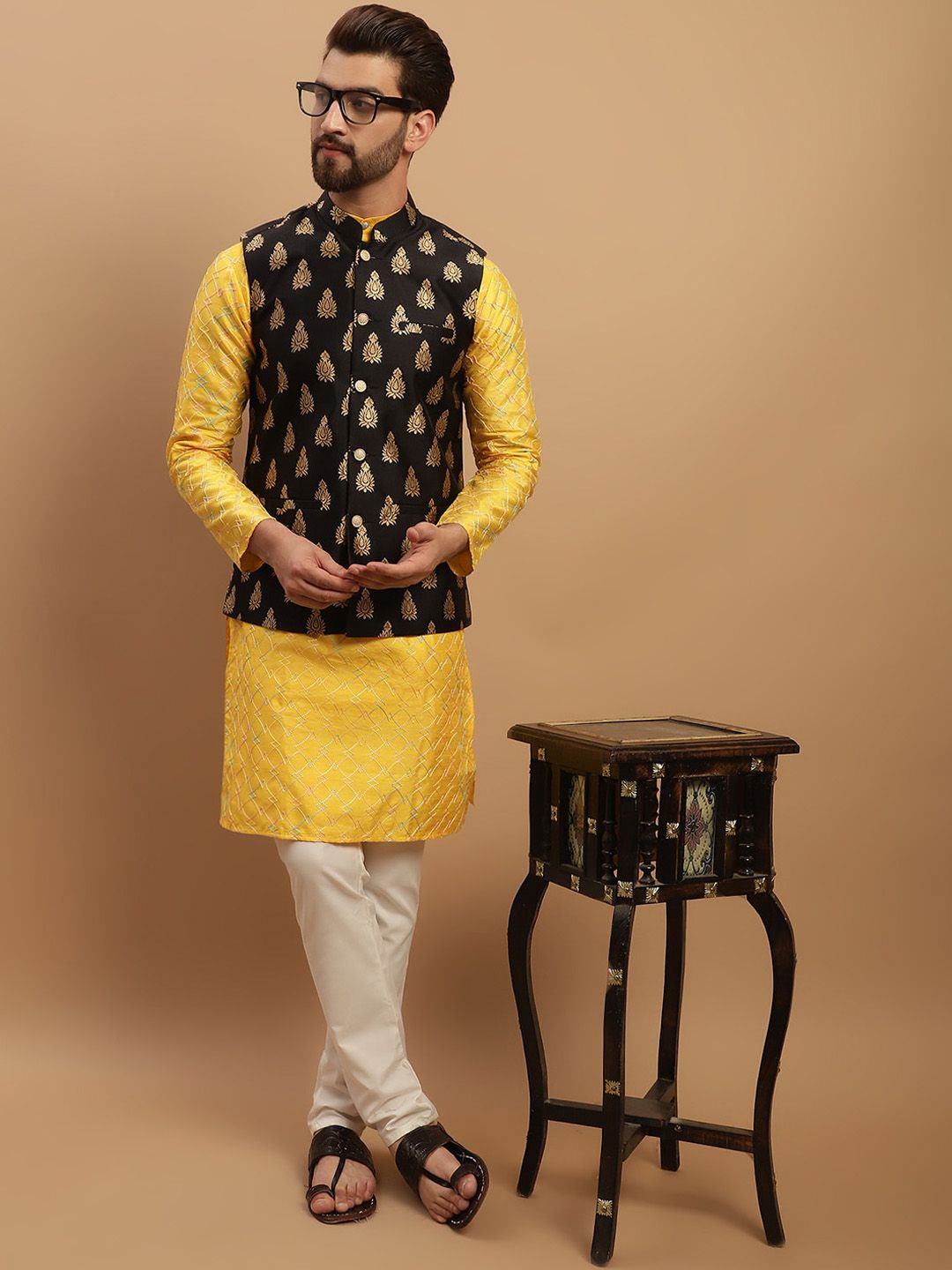 SOJANYA Geometric Embroidered Regular Kurta with Churidar & Woven Design Nehru Jacket