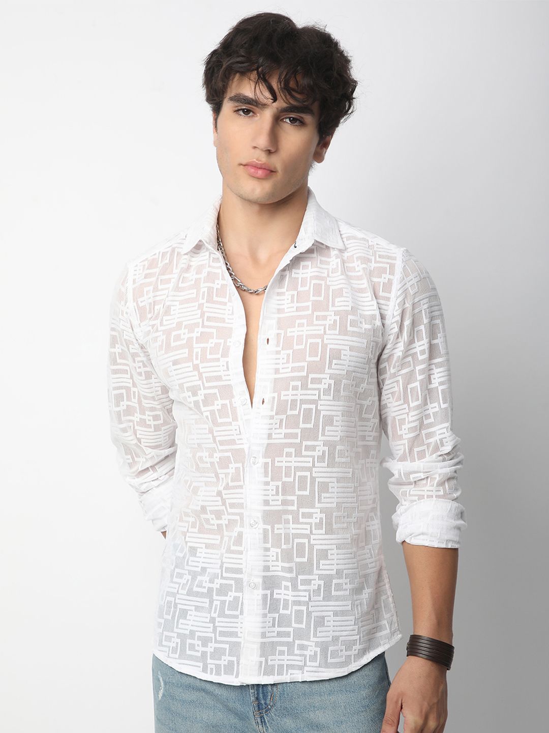 VASTRADO Men Classic Spread Collar Geometric Self Design Slim Fit Casual Shirt