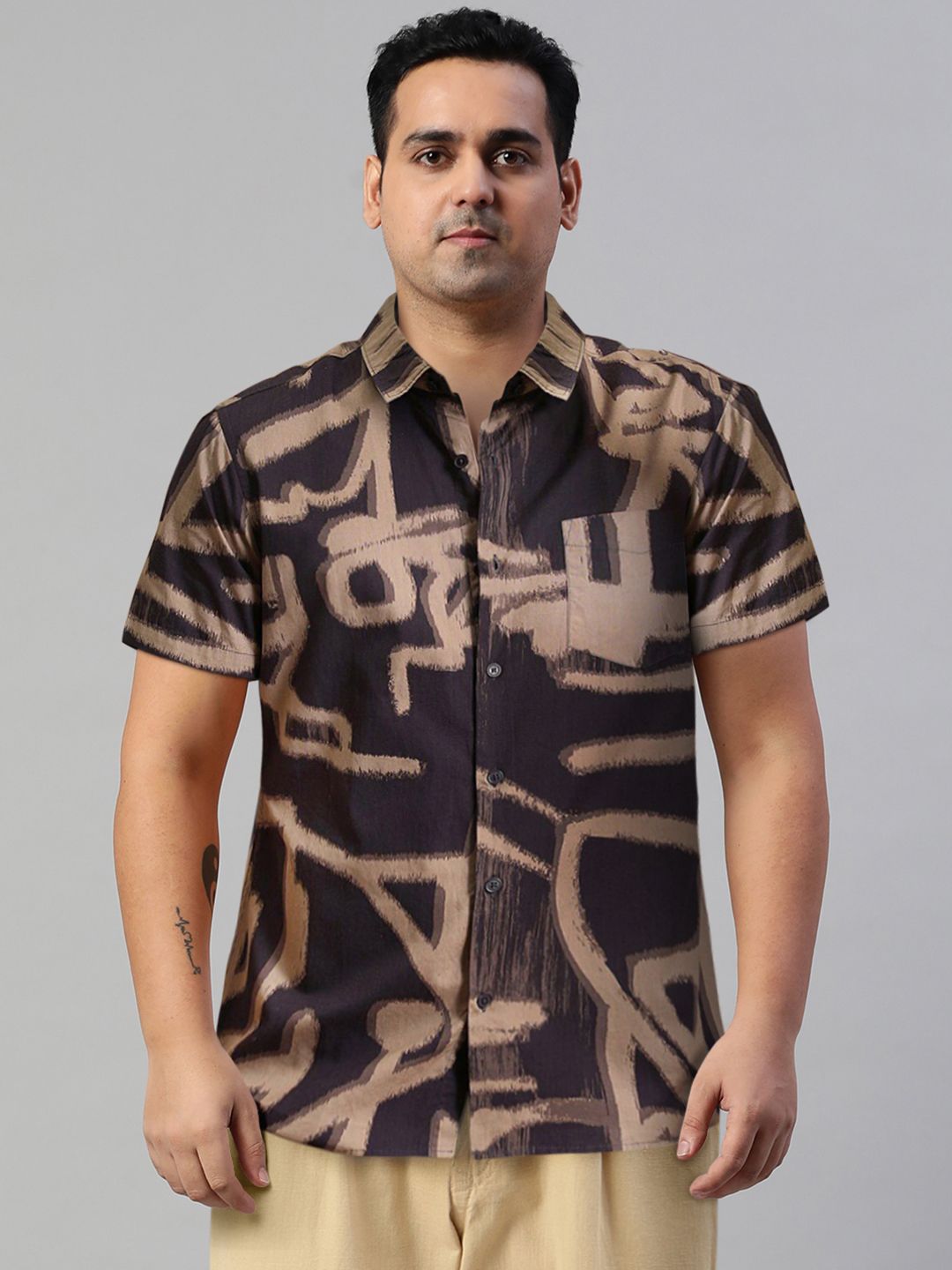 HIGHLANDER Purple and Khaki Abstract Printed Slim Fit Cotton Casual Shirt