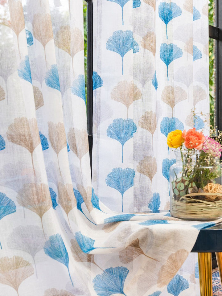 URBAN SPACE Blue & White Set of 2 Floral Sheer Door Curtain
