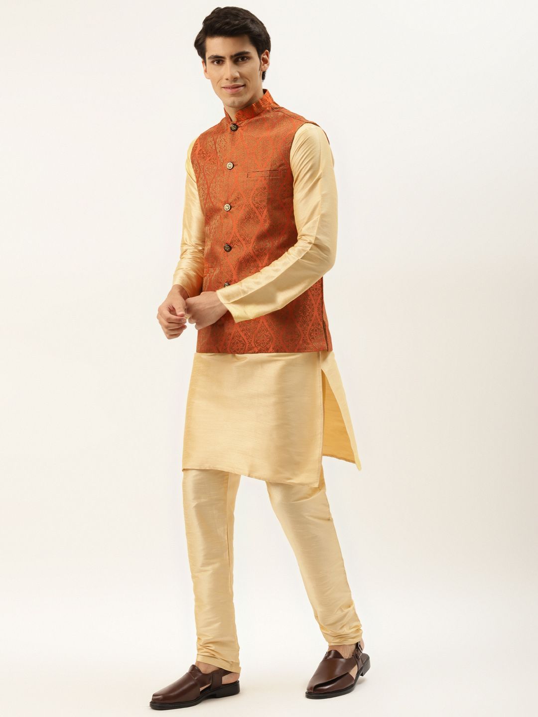 SOJANYA Men Golden Kurta with Churidar & Nehru Jacket