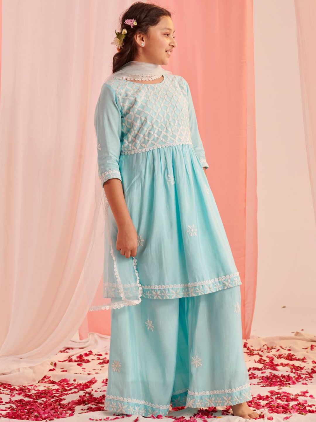 pspeaches Girls Floral Embroidered Empire Kurta with Sharara & Dupatta