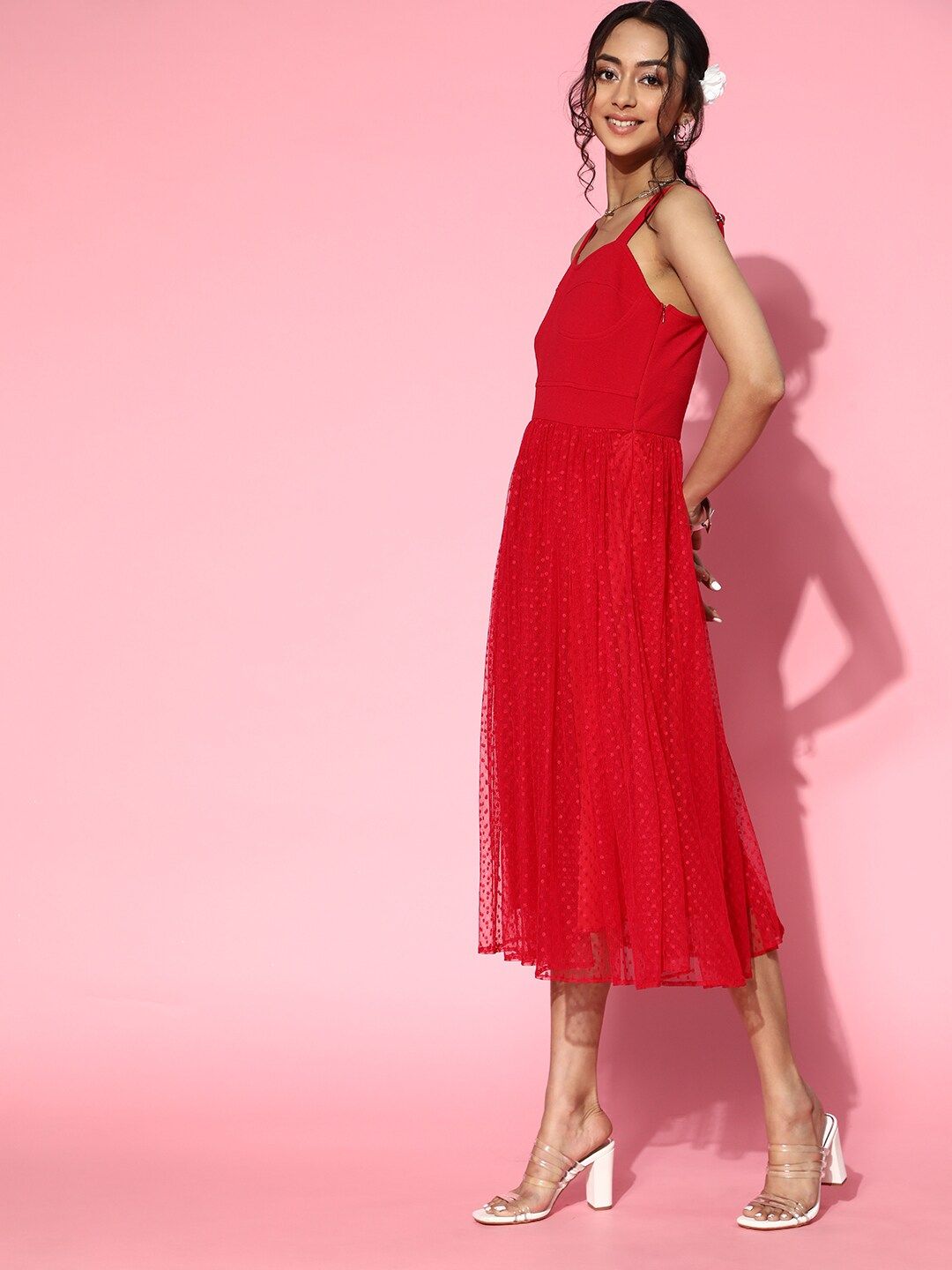 Athena Women Gorgeous Red Solid Tulle Dress