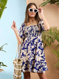 SASSAFRAS Floral Printed Smocked Fit & Flare Dress