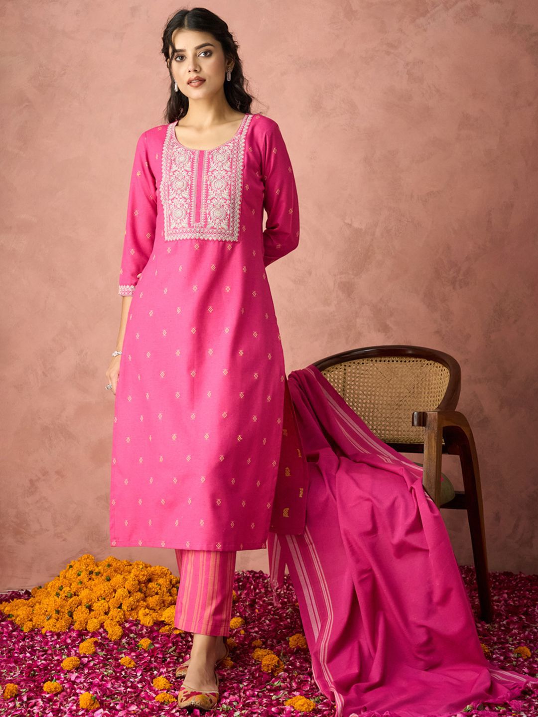 KALINI Ethnic Motifs Embroidered Straight Kurta With Trousers And Dupatta