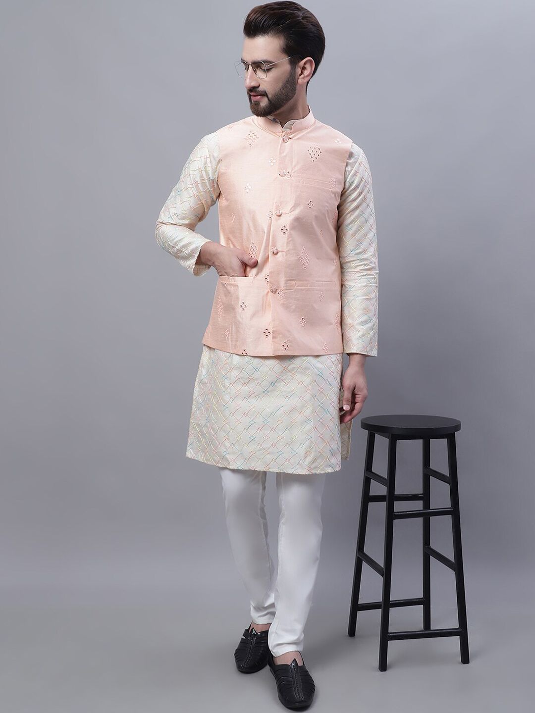 SOJANYA Embroidered Mandarin Collar Kurta with Churidar & Nahru Jacket