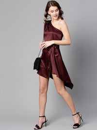 STREET 9 Women Burgundy Solid One-Shoulder Fit and Flare Dress